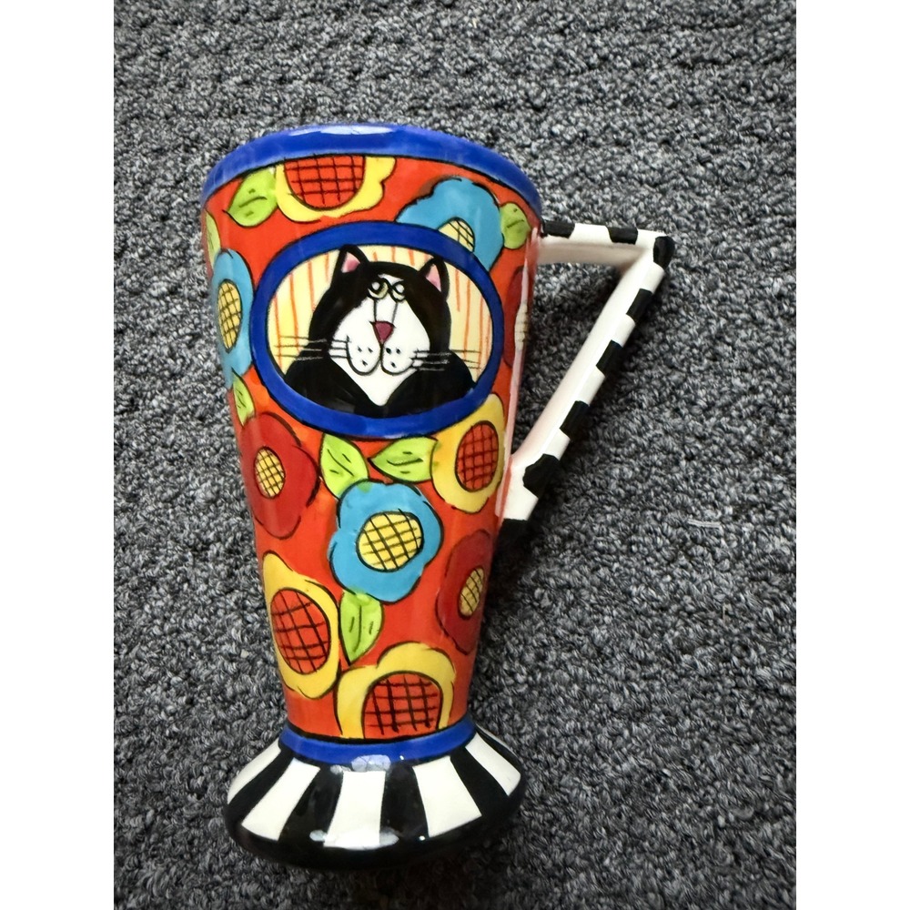 Catzilia Candace Reiter Designs Cat Floral Tapered Ceramic Mug 2005 6.5 Inch